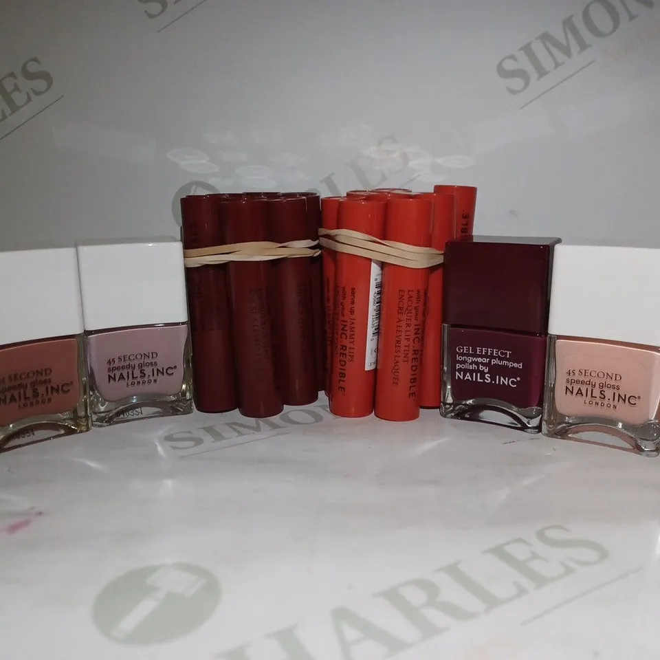 LOT OF APPROX 20 ASSORTED BEAUTY PRODUCTS TO INCLUDE INC. REDIBLE LIP LACQUER TINT #FRUITY FEELS, NAILS INC. SPEEDY GLOSS, INC. REDIBLE LIP LACQUER TINT #SLOW JAMZ, ETC 