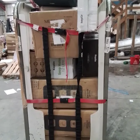 CAGE OF ASSORTED HOUSEHOLD GOODS AND PRODUCTS TO INCLUDE;SUITCASES,CORDLESS VACUUM CLEANER,SHOERACK