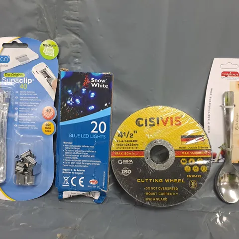 APPROXIMATELY 15 ASSORTED HOUSEHOLD ITEMS TO INCLUDE CUTTING WHEEL, THE ORIGINAL SUPACLIP, LED LIGHTS, ETC