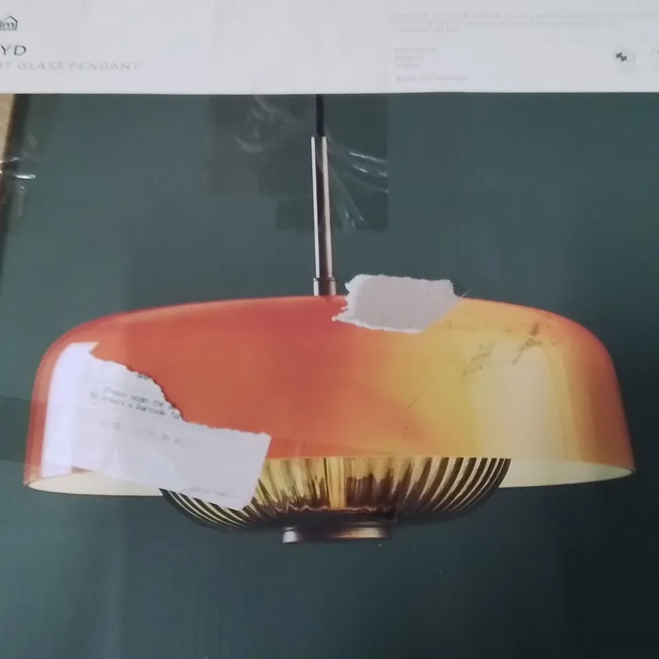 BOXED FLOYD 2 LIGHT GLASS PENDANT ORANGE GLASS AND GREEN GLASS BRASS PAINT 