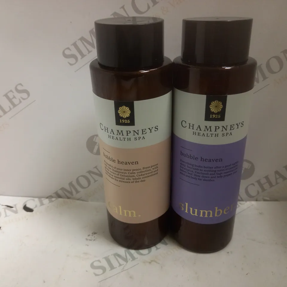 2 CHAMPNEYS HEALTH SPA PRODUCTS TO INCLUDE BUBBLE HEAVEN CALM (500ml), BUBBLE HEAVEN SLUMBER (500ml)