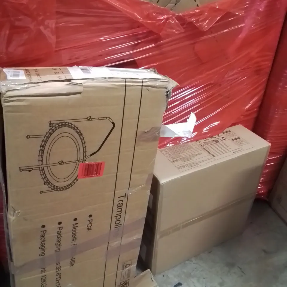 PALLET OF ASSORTED HOUSEHOLD GOODS AND PRODUCTS TO INCLUDE;TRAMPOLINE,CEILING FAN