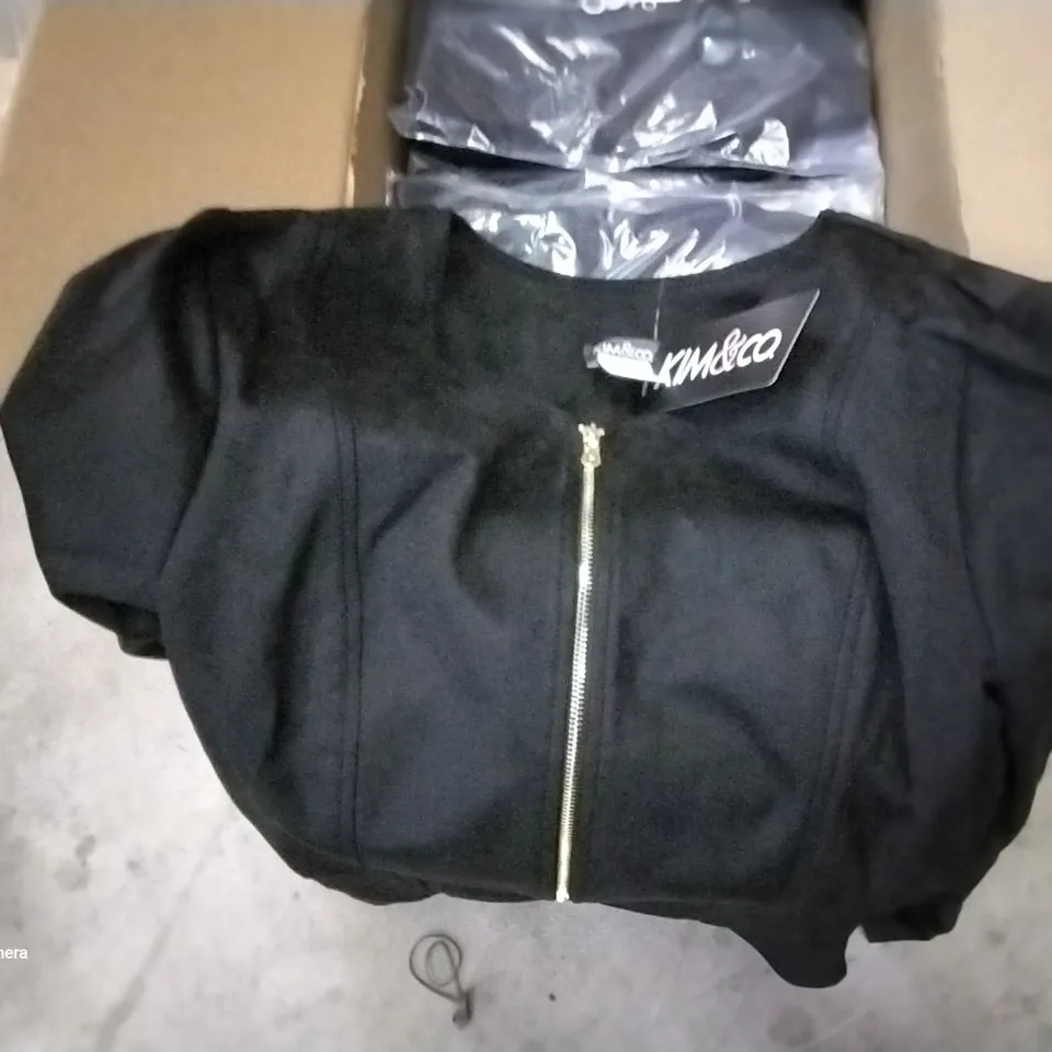 BOX OF APPROXIMATELY 30 ASSORTED BRAND NEW BAGGED KIM AND CO BLACK ZIP UP JACKETS VARIOUS SIZES