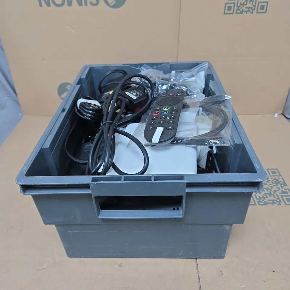 TOTE OF APPROXIMATELY 15 ASSORTED HOUSEHOLD ITEMS TO INCLUDE REMOTE CONTROLS, CABLES, ROUTER ETC