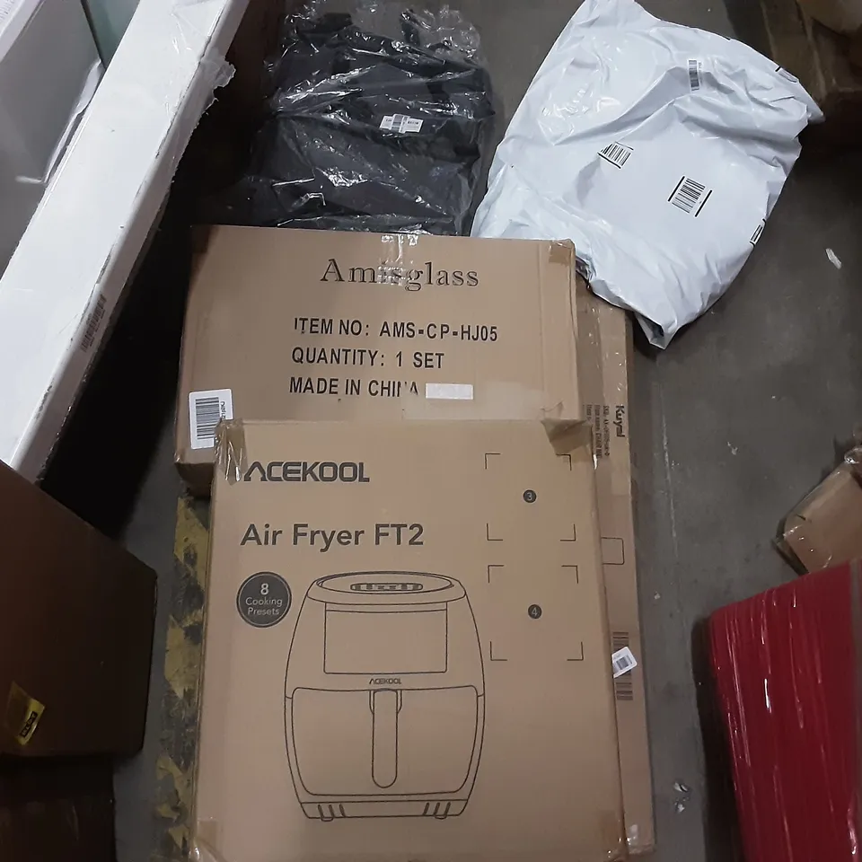 PALLET OF ASSORTED PRODUCTS INCLUDING ACEKOOL AIR FRYER, AMISGLASS, KUYAL CHAIR MAT, STORMIC TOILET SEAT, TIMELIKE WALL CLOCK BOSTON, TAIYUHOMES DAY AND NIGHT ROLLER BLIND