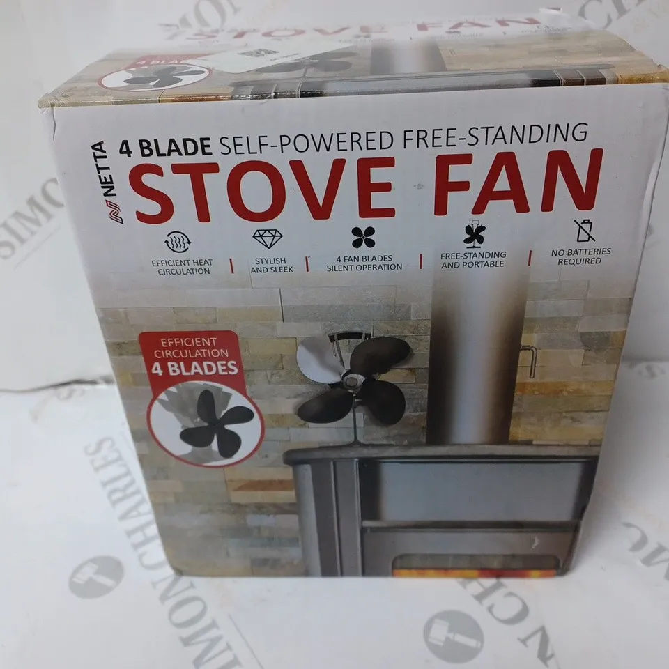 BOXED NETTA 4-BLADE SELF-POWERED FREE-STANDING STOVE FAN