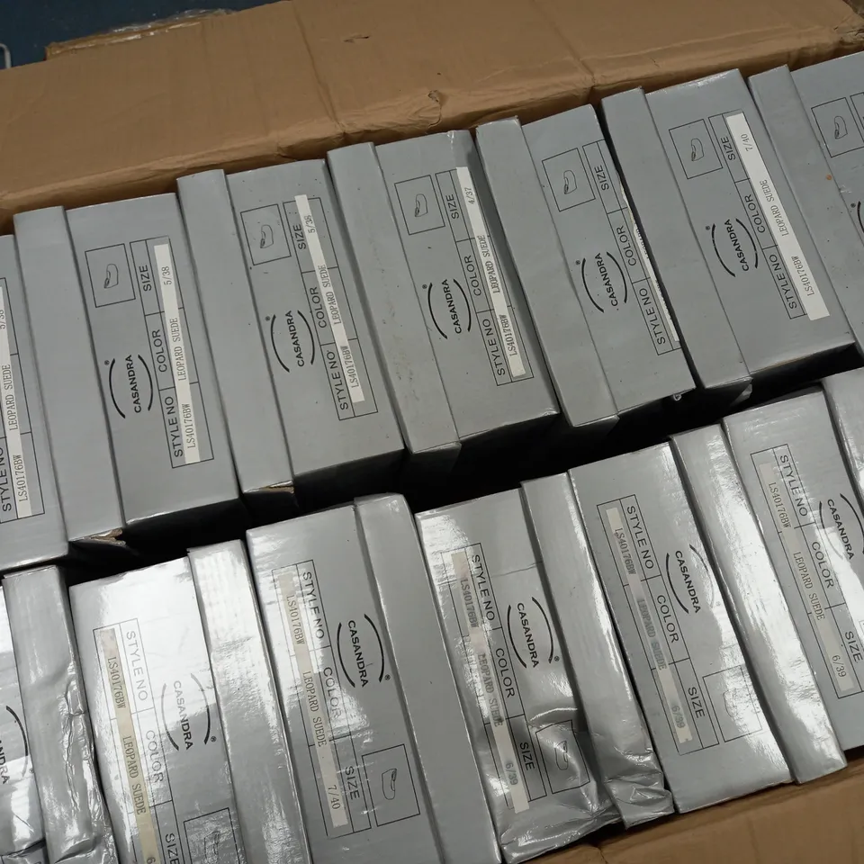 APPROXIMATELY 14 BOXED PAIR OF CASANDRA WEDGE SHOES IN LEOPARD SUEDE TO INCLUDE SIZES 5, 6, 7, 8