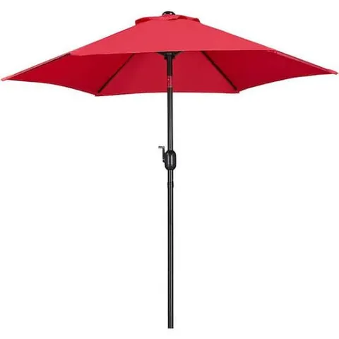 BOXED YAHEETECH 611247-RED IS A 7.5-FOOT OUTDOOR PATIO MARKET UMBRELLA FEATURING A RED WATER-REPELLENT POLYESTER CANOPY, A HAND-CRANK LIFT, AND A PUSH-BUTTON TILT MECHANISM.