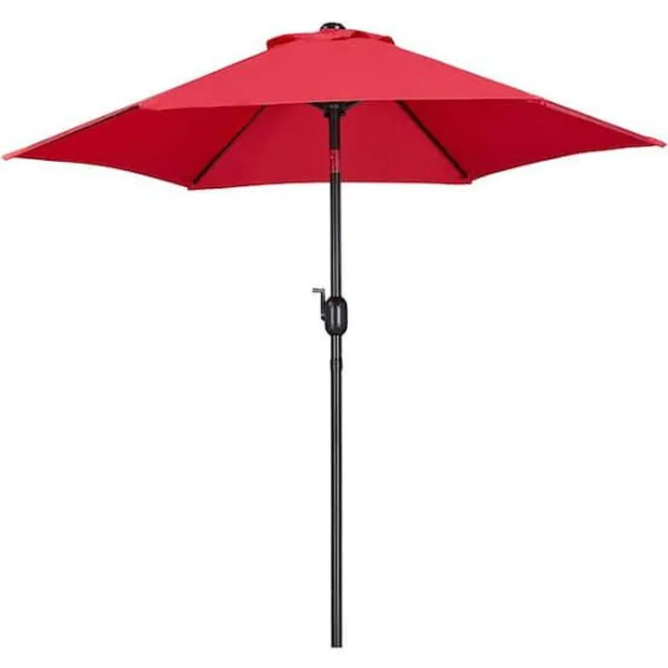 BOXED YAHEETECH 611247-RED IS A 7.5-FOOT OUTDOOR PATIO MARKET UMBRELLA FEATURING A RED WATER-REPELLENT POLYESTER CANOPY, A HAND-CRANK LIFT, AND A PUSH-BUTTON TILT MECHANISM. 