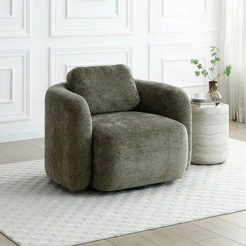 BOXED MAX OLIVE DISTRESSED CHENILLE CURVED SWIVEL ACCENT CHAIR (1 BOX)