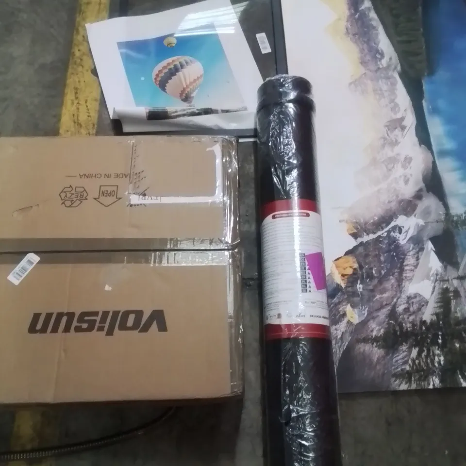 PALLET OF ASSORTED HOUSEHOLD GOODS AND PRODUCTS TO INCLUDE; PAINTINGS , EXERCISE MATS , ETC 