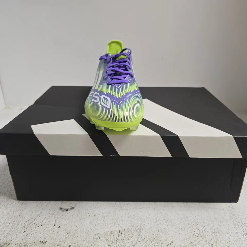 BOXED PAIR OF ADIDAS F50 PRO MG FOOTBALL BOOTS IN PURPLE/GREEN SIZE UK 9.5