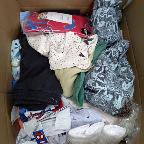 MEDIUM BOX OF ASSORTED KIDS CLOTHING ITEMS TO INCLUDE BAGS, BABY GROWS AND DRESSES