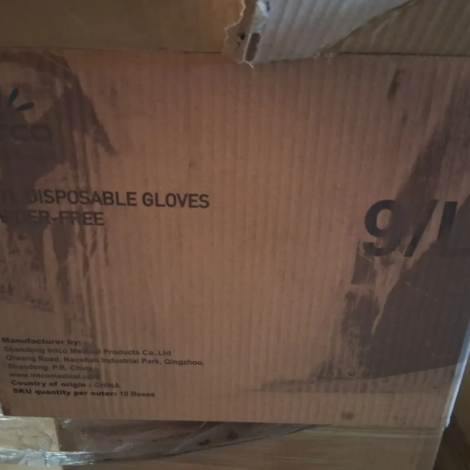 PALLET OF APPROXIMATELY 60 CARTONS OF TEN BOXES OF BRAND NEW INTCO VINYL DISPOSABLE GLOVES POWDER FREE 9/L 100 PAIRS PER BOX
