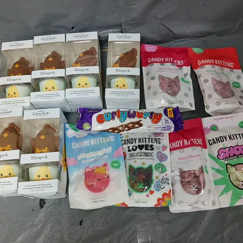 APPROXIMATELY 8 ASSORTED FOOD & DRINK ITEMS TO INCLUDE - HOTEL CHOCOLAT ELIZAPECK, CURLYWURLYS, AND CANDY KITTENS ETC. 