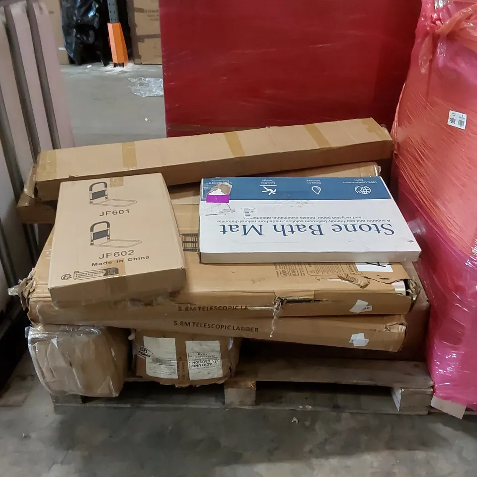 PALLET OF ASSORTED ITEMS INCLUDING: TELESCOPIC LADDERS, MULTIFUNCTIONAL STEAM CLEANER, STONE BATH MAT, MEMORY FOAM CERVICAL PILLOW ECT