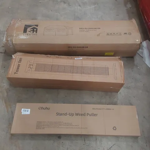 PALLET CONTAINING A VERY LARGE QUANTITY OF ASSORTED ITEMS INCLUDING: 3X6M PARTY TENT, 3X3M POP-UP GAZEBO, TOWER FAN, STAND-UP WEED PULLER ECT