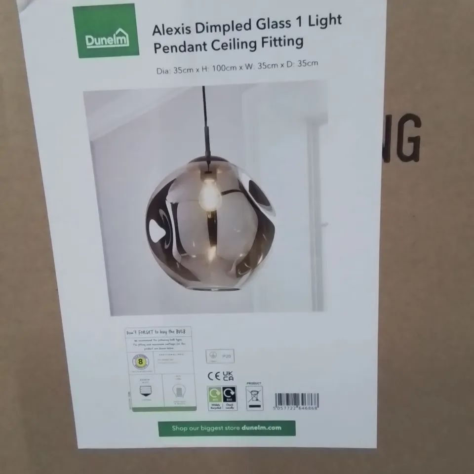 BOXED ALEXIS DIMPLED GLASS 1 LIGHT PENDENT CEILING FITTING 