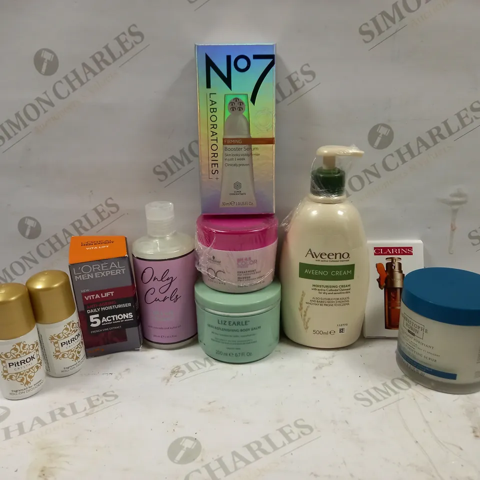 LOT OF APPROXIMATELY 10 COSMETICS PRODUCTS TO INCLUDE N07 LABORATORIES BOOSTER SERUM, CRISTOPHE ROBIN PARIS CLEANSING PURIFYING SCRUB, ONLY GIRLS ALL CURL CLEANSER, ETC
