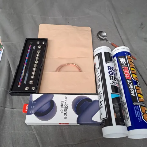 APPROXIMATELY 20 ASSORTED HOUSEHOLD PRODUCTS TO INCLUDE ADHESIVE, FIDGET PEN, SILENCE EARPLUGS ETC