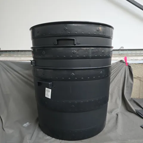 BLACK METAL DRUM/BARREL-STYLE OUTDOOR CONTAINER WITH THREE STACKED SECTIONS X3 ITEMS.