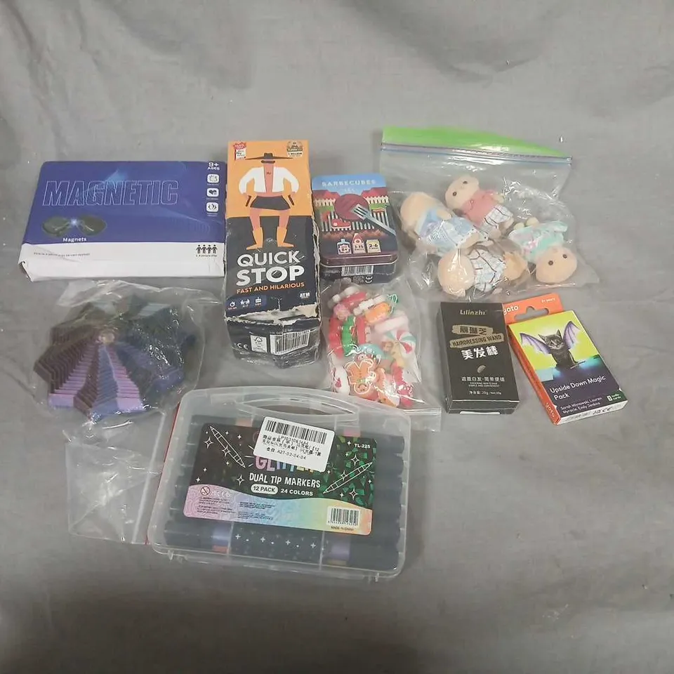 ASSORTED CHILDREN'S TOYS & GAMES – MONSTER TRUCKS BOX, MAGNETIC SET, MARKERS & FIGURES (LOT)