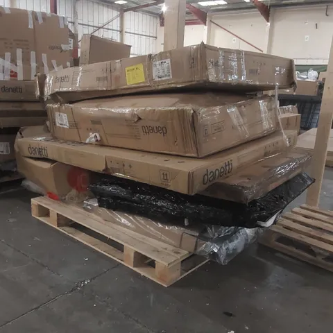PALLET CONTAINING A LARGE QUANTITY OF ASSORTED DESIGNER DANETTI FURNITURE PARTS INCLUDING: BED PARTS, DINING TABLE PARTS ECT