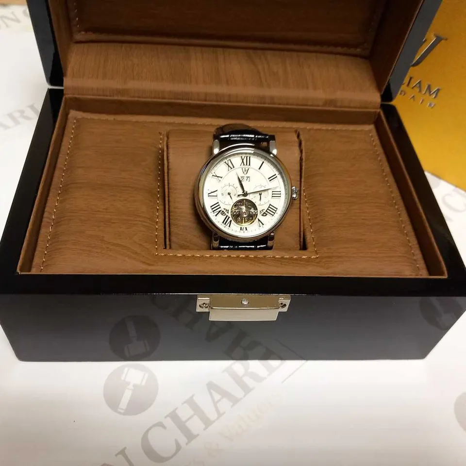 MENS WILLIAM JOURDAIN AUTOMATIC 4542 WATCH – BIG CALANDAR DATE WITH SUB DIALS – GLASS EXHIBITION BACK CASE – BLACK GENUINE LEATHER STRAP 
