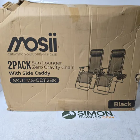 MOSII 2-PACK SUN LOUNGER ZERO GRAVITY CHAIR WITH SIDE CADDY – BLACK (BOXED)