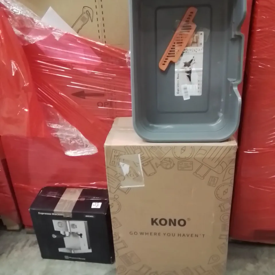 PALLET OF ASSORTED HOUSEHOLD GOODS AND PRODUCTS TO INCLUDE;CAT LITTER TRAY,COFFEE MACHINE,SUITCASE 