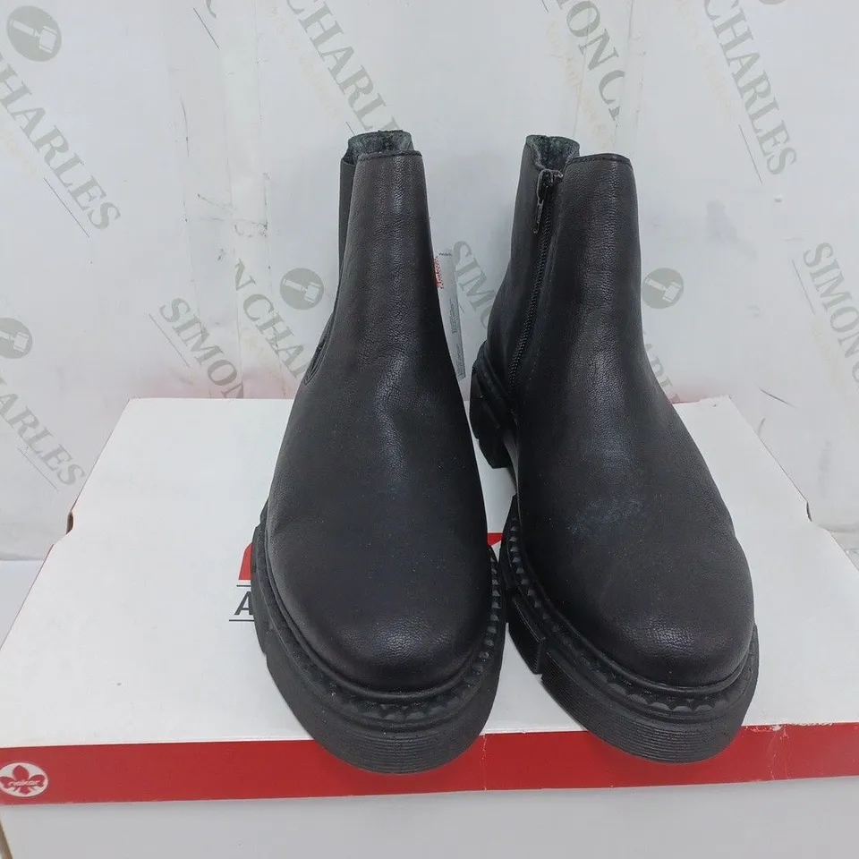 BOXED PAIR OF RIEKER CHUNKY ANKLE BOOTS IN BLACK - SIZE 6