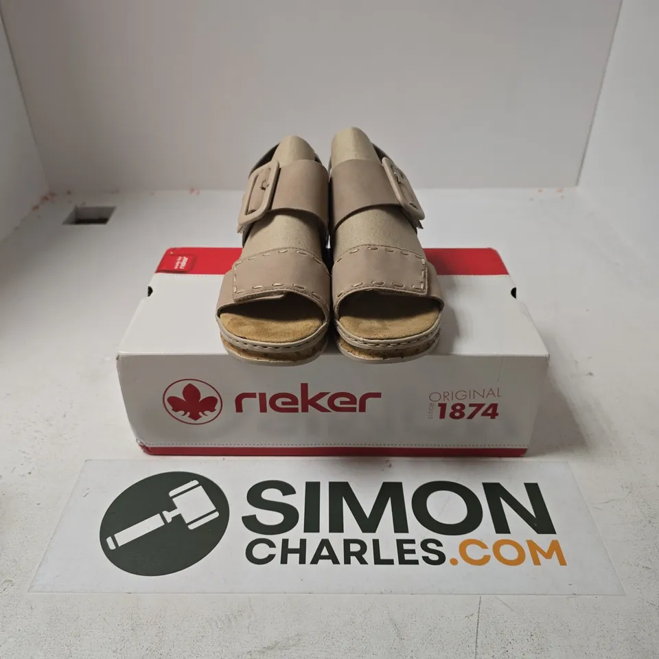 BOXED PAIR OF RIEKER 62950-62 WOMENS BUCKLE WEDGE SANDALS IN BEIGE - UK 3.5