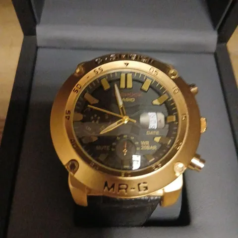 CASIO MR-G GOLD-TONE WRISTWATCH – LEATHER STRAP, 