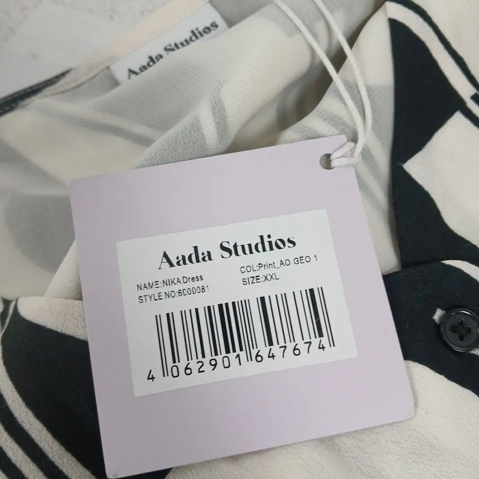 AADA STUDIOS NIKA DRESS – WHITE WITH BLACK PRINT, UK 16 (XXL)