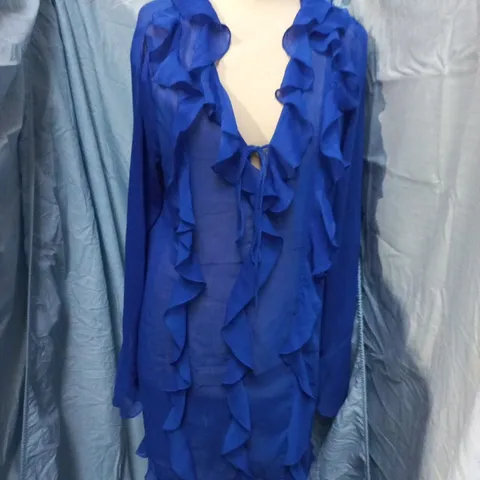 H&M BLUE RUFFLED SHEER BLOUSE – WOMEN'S, EU M/US M (RY)