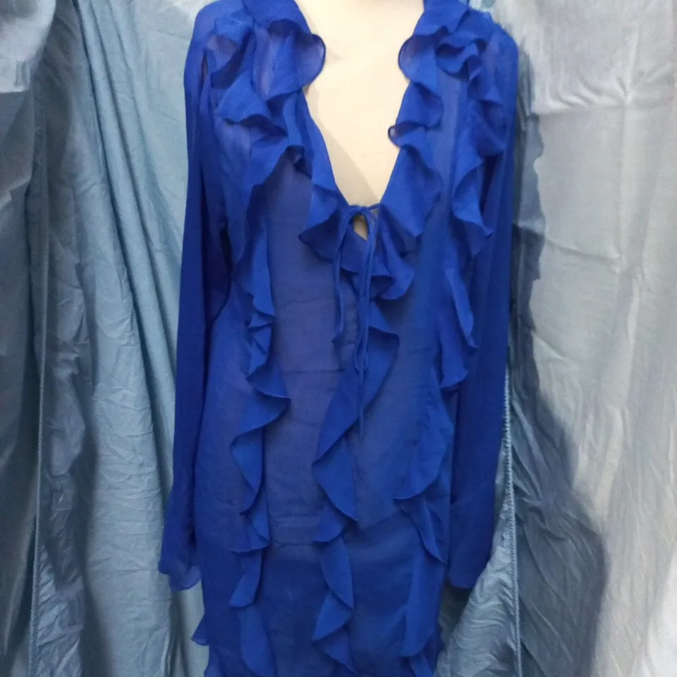H&M BLUE RUFFLED SHEER BLOUSE – WOMEN'S, EU M/US M (RY)