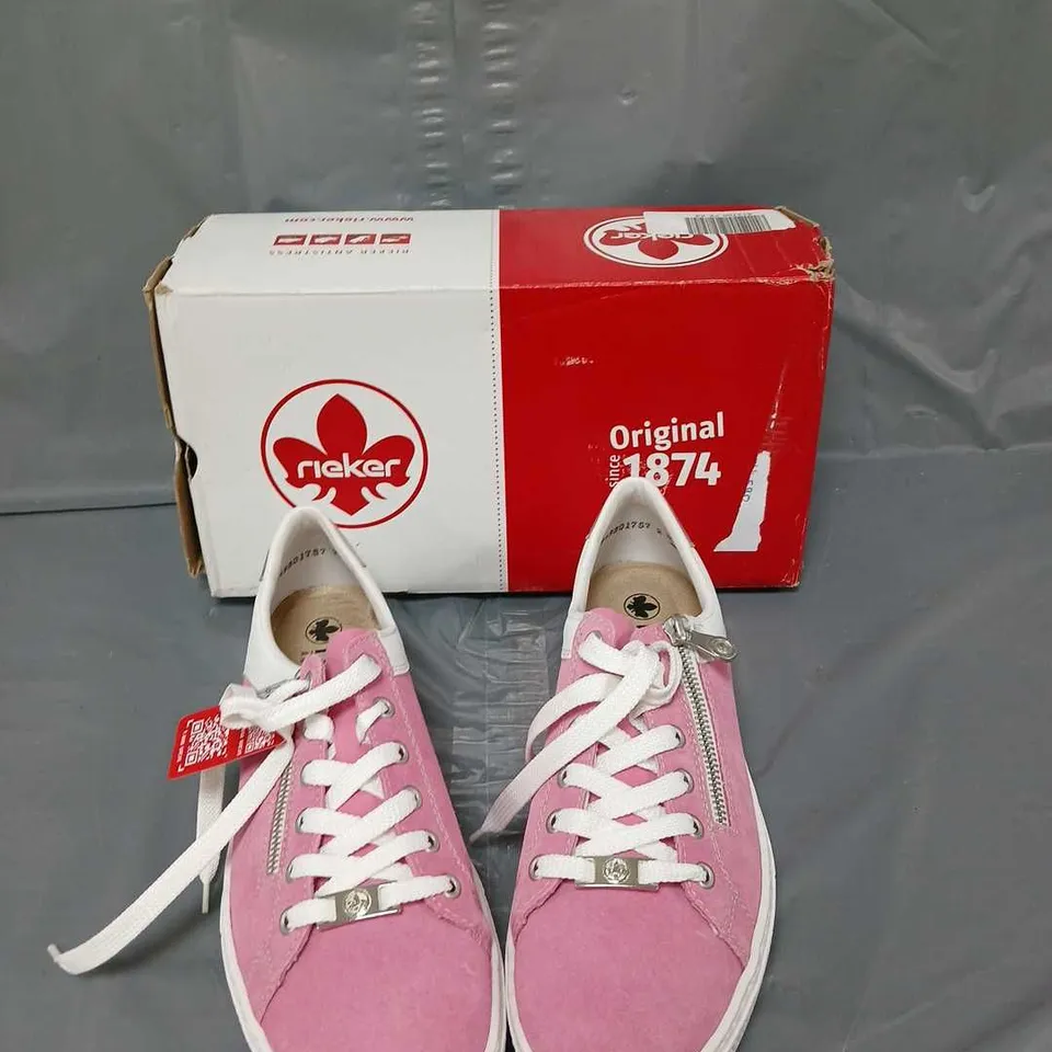 BOXED PAIR OF RIEKER PINK LEATHER TRAINER - SIZE 8 