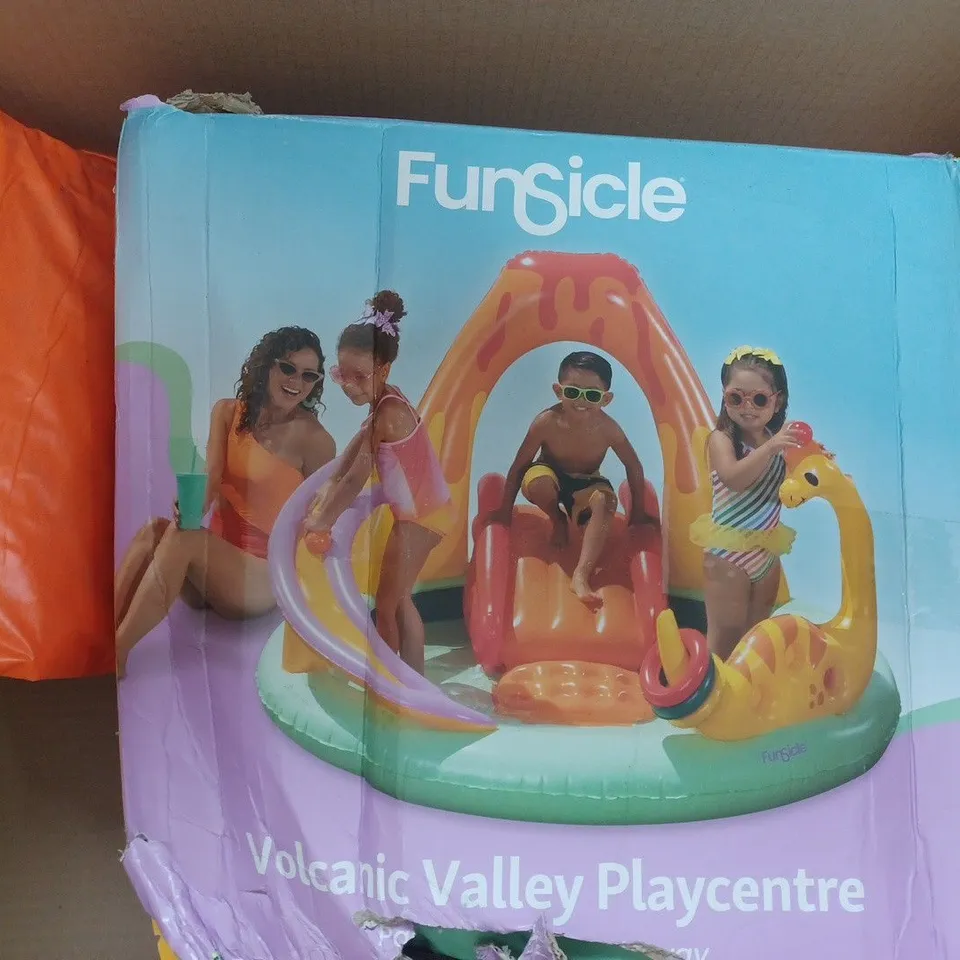 BOX OF 3 ASSORTED KID'S TOYS AND PRODUCTS TO INCLUDE PLASTIC SHOPPING CART, VOLCANIC VALLEY PLAYCENTRE, ETC