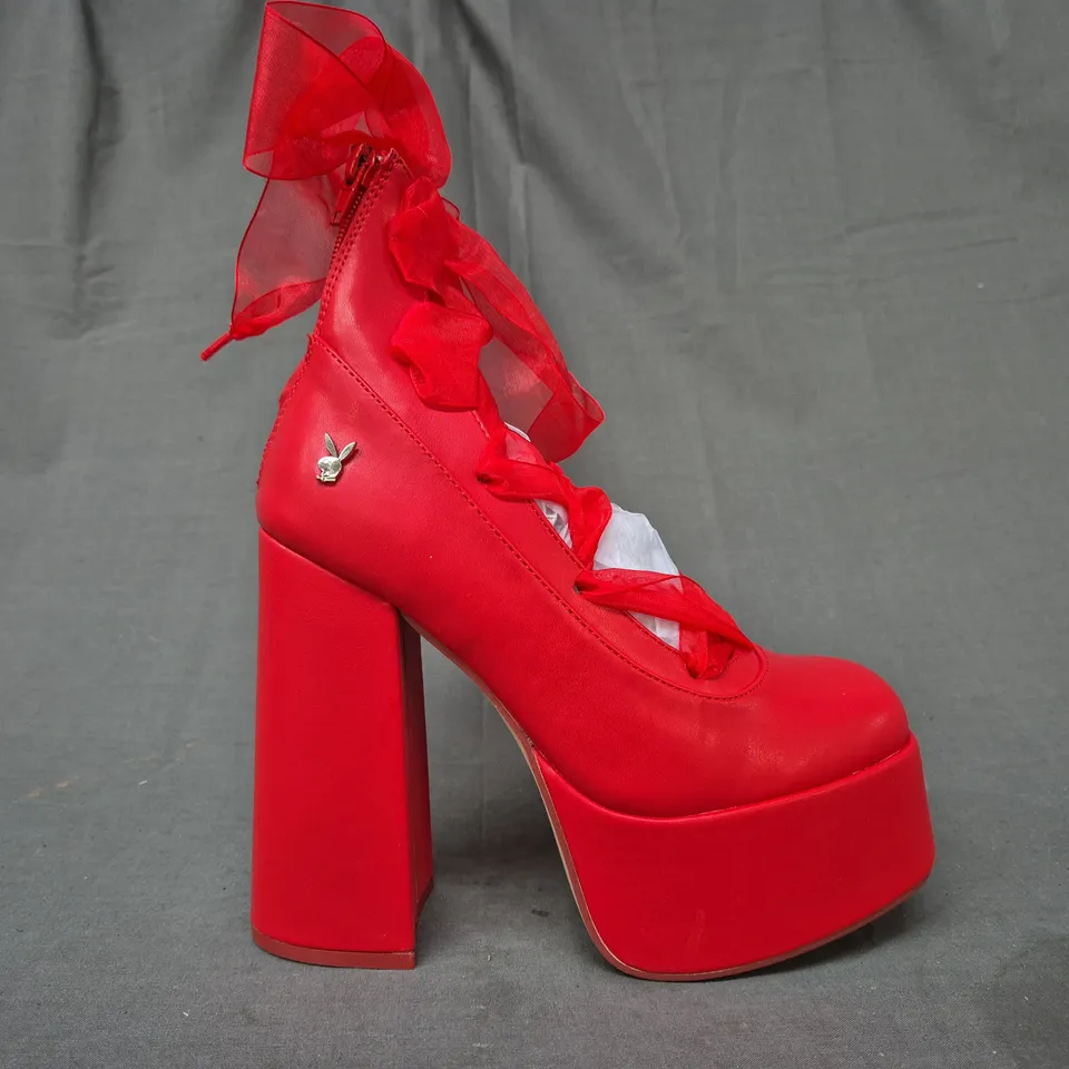 BOXED PAIR OF KOI PLAYBOY INFIDELITY RED LACE UP PLATFORM BLOCK HEELS UK SIZE 4