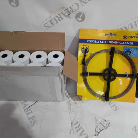 BOX OF APPROX 20 HOUSEHOLD ITEMS TO INCLUDE THERMAL ROLL, STEEL DRAIN CLEANER, TORCH