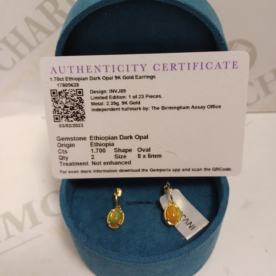 GEMPORIA ETHIOPIAN DARK OPAL 9K GOLD EARRINGS
