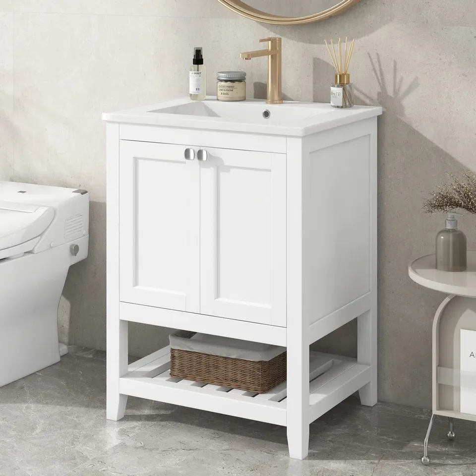 BOXED 61MM SINGLE BATHROOM VANITY WITH DROP IN CERAMIC BASIN - WHITE (2 BOXES)