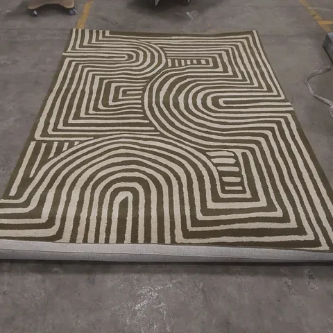 QUALITY ASIATIC LONDON REEF 100% WOOL ABSTRACT SWIRL DARK GREEN WOOL LARGE RUG - 200 x 290cm