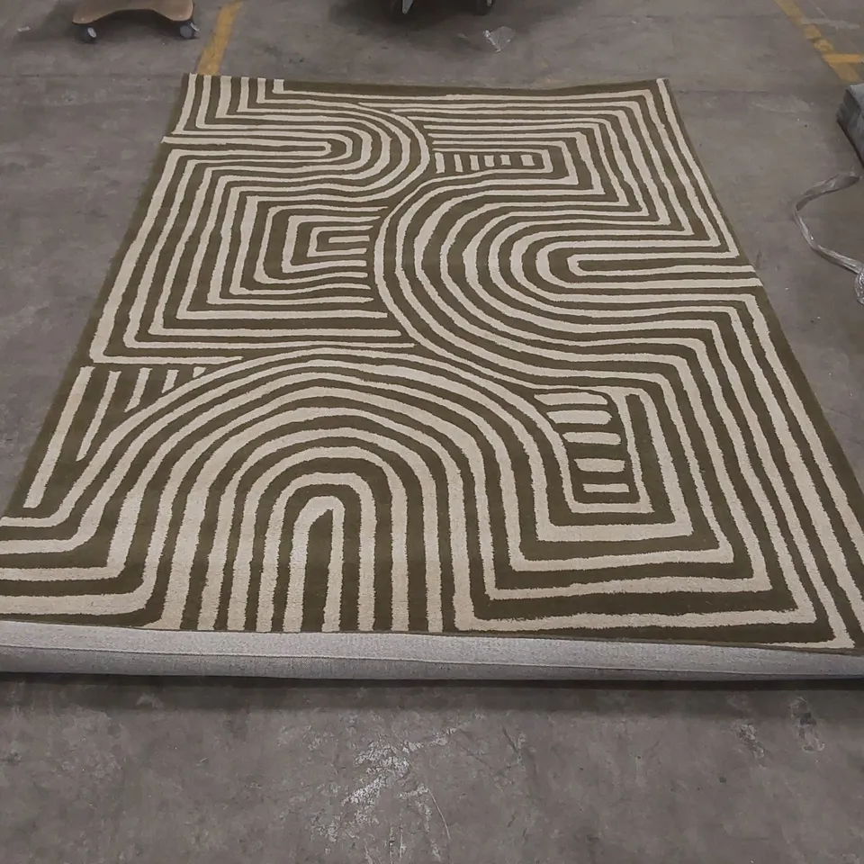 QUALITY ASIATIC LONDON REEF 100% WOOL ABSTRACT SWIRL DARK GREEN WOOL LARGE RUG - 200 x 290cm