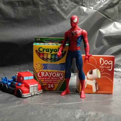 APPROXIMATELY 10 ASSORTED TOYS AND GAMES TO INCLUDE CRAYONS, DOG NIGHT LIGHT, ETC