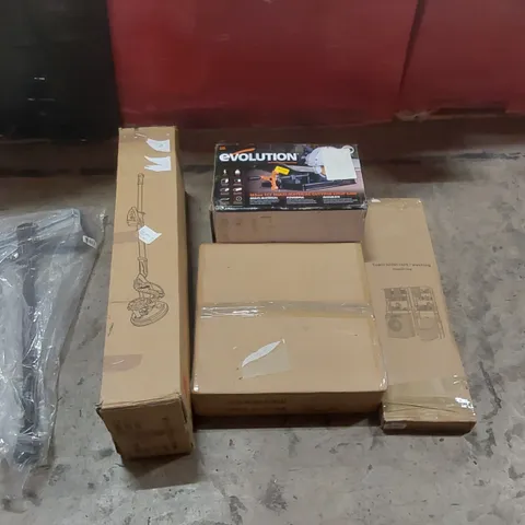 PALLET OF ASSORTED ITEMS INCLUDING: DRYWALL SANDER, EVOLUTION TCT CHOP SAW, TOWEL TOILET/WASHING MACHINE RACK, TOY FANCY DRESS HAMMER ECT