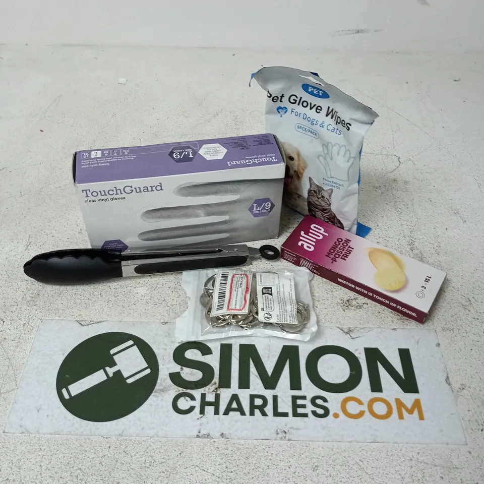 APPROXIMATELY 12 ASSORTED HOUSEHOLD ITEMS TO INCLUDE TOUCHGUARD GLOVES, PET GLOVE WIPES, AIR UP MANGO-PASSIONFRUIT, ETC