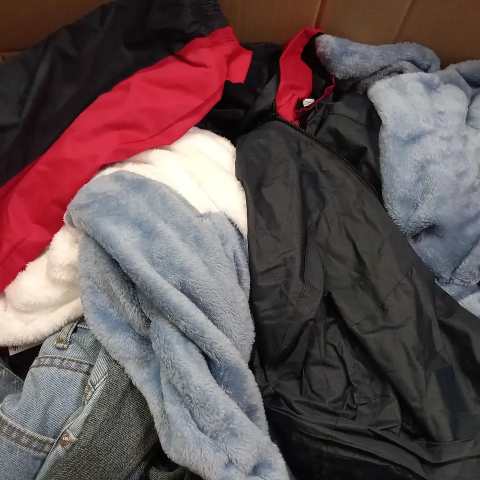 BOX OF ASSORTED CLOTHING ITEMS TOO INCLUDE JUMPERS, SHIRTS AND TROUSERS IN VARIOUS SIZES AND COLOURS   