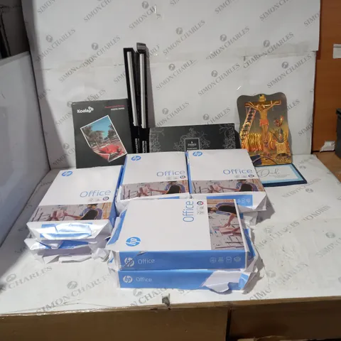 BOX OF ASSORTED HOUSEHOLD ITEMS TO INCLUDE A4 PAPER, PHOTO PAPER, CANDLES ETC