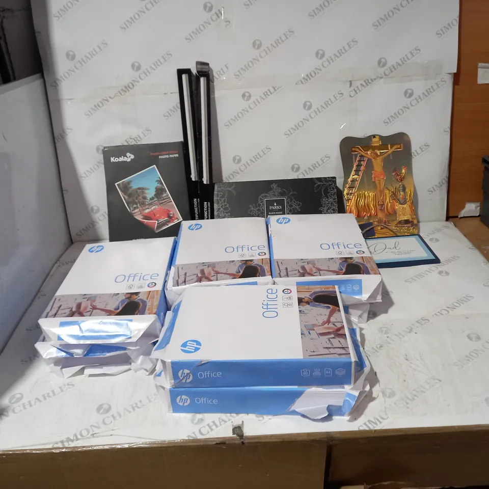 BOX OF ASSORTED HOUSEHOLD ITEMS TO INCLUDE A4 PAPER, PHOTO PAPER, CANDLES ETC 